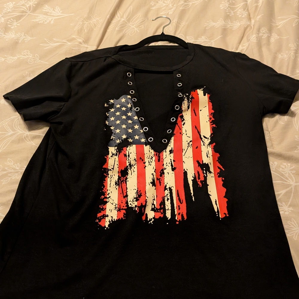 Black T-Shirt with American Flag Design